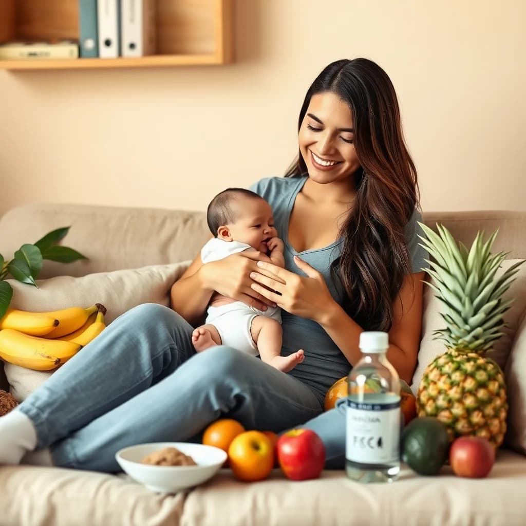 Ibu menyusui duduk santai sambil menikmati buah-buahan segar untuk ASI lancar