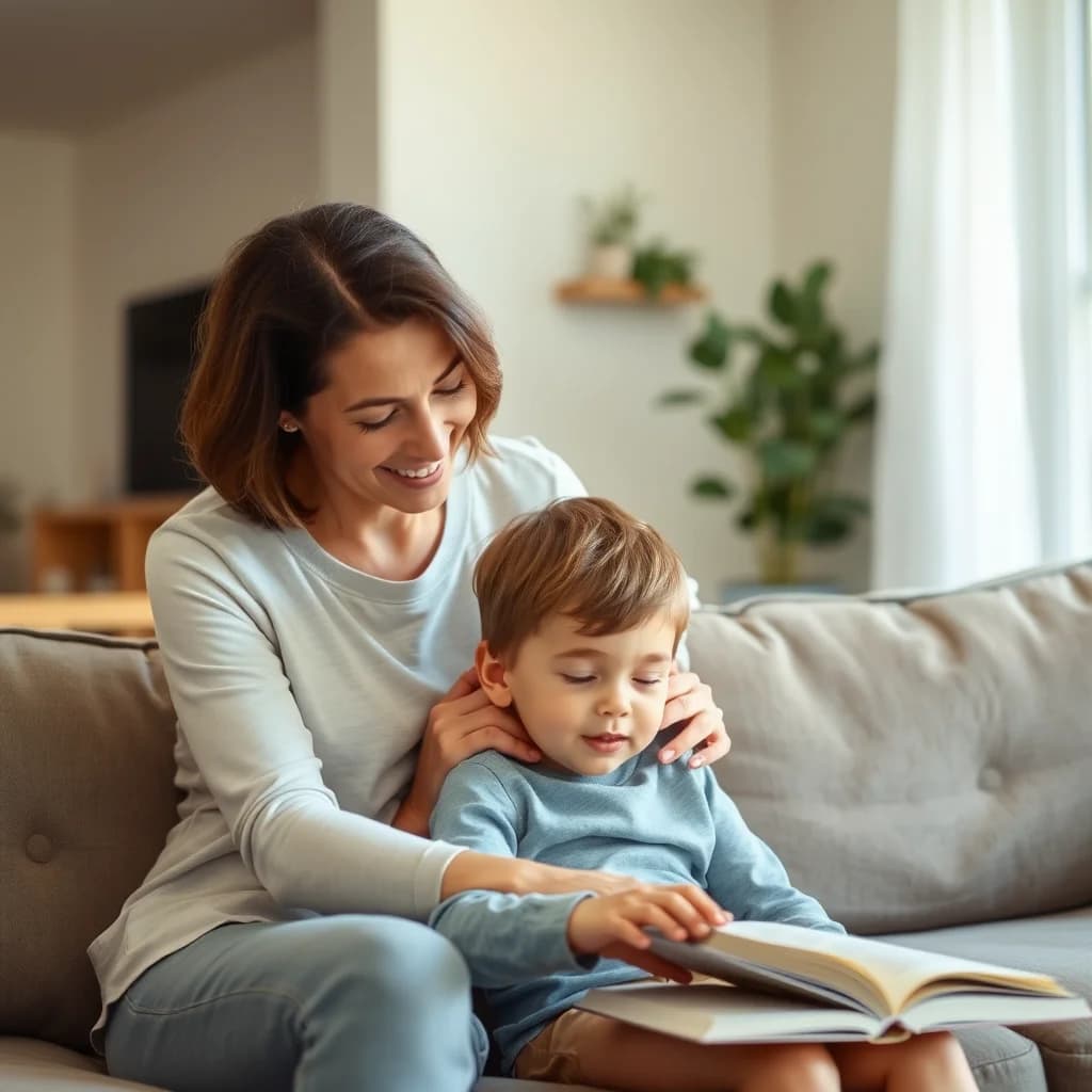 Orang tua yang kasih sayang dan peduli dengan anaknya sedang berinteraksi di ruang hidup modern