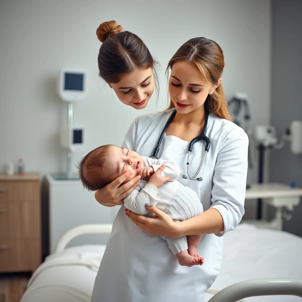 Ibu memeriksa bayinya di ruang dokter anak untuk mendeteksi gejala campak