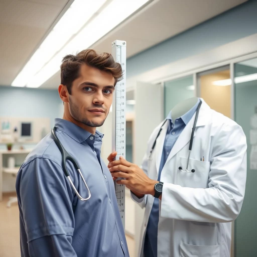 Dokter melakukan pengukuran tinggi badan pasien di puskesmas modern