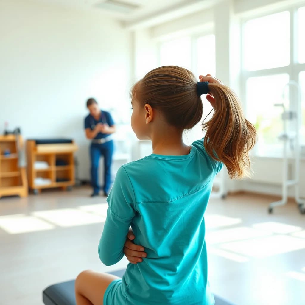 Terapi skoliosis: Dokter fisik memimpin pasien melalui peregangan untuk memperbaiki postur