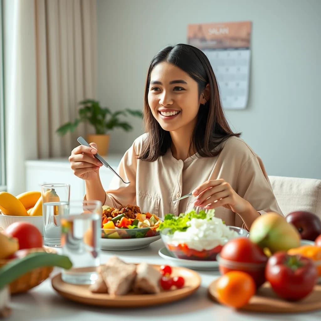 Perempuan menjaga berat badan dengan makanan seimbang saat Lebaran
