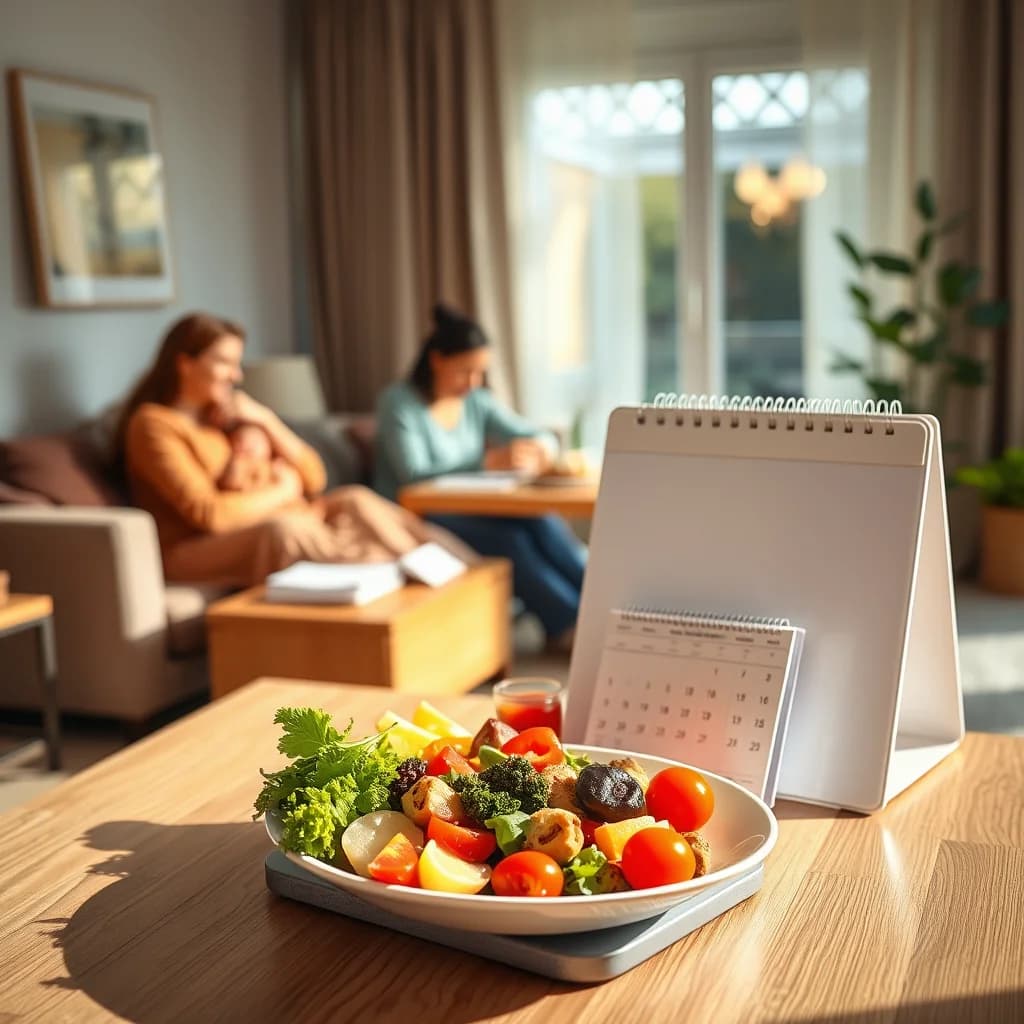 Pengukur berat badan, makanan seimbang, dan kalender dalam rumah modern untuk mengelola berat badan dengan sehat