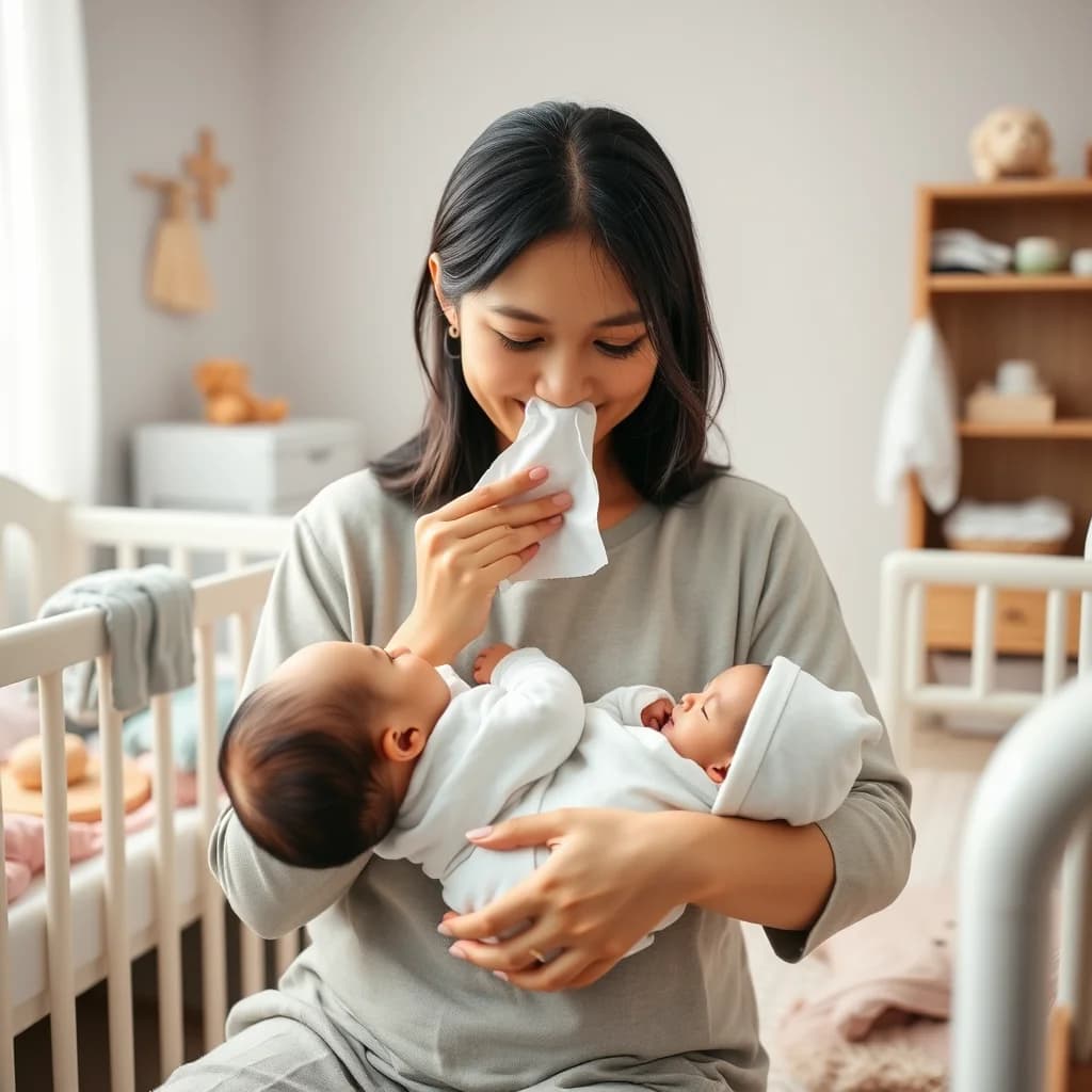 Ibu menyusui dan memakai tisu untuk membersihkan hidungnya saat sedang menetasakan ASI