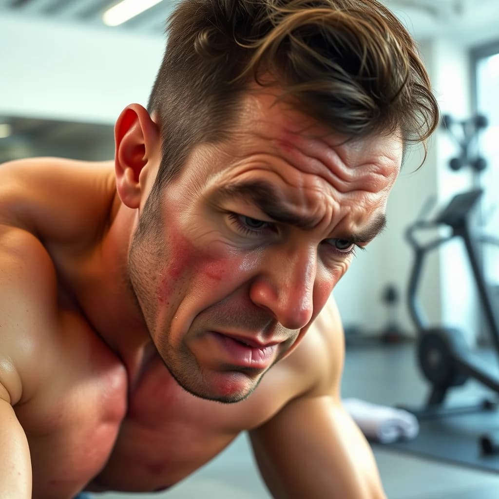 Seseorang berolahraga dengan keringat dan merah di kulitnya