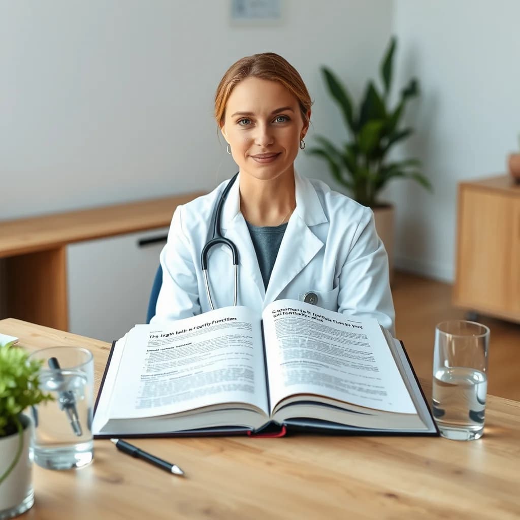 Dokter wanita memeriksa buku tentang kesehatan otak untuk meningkatkan daya ingat secara alami