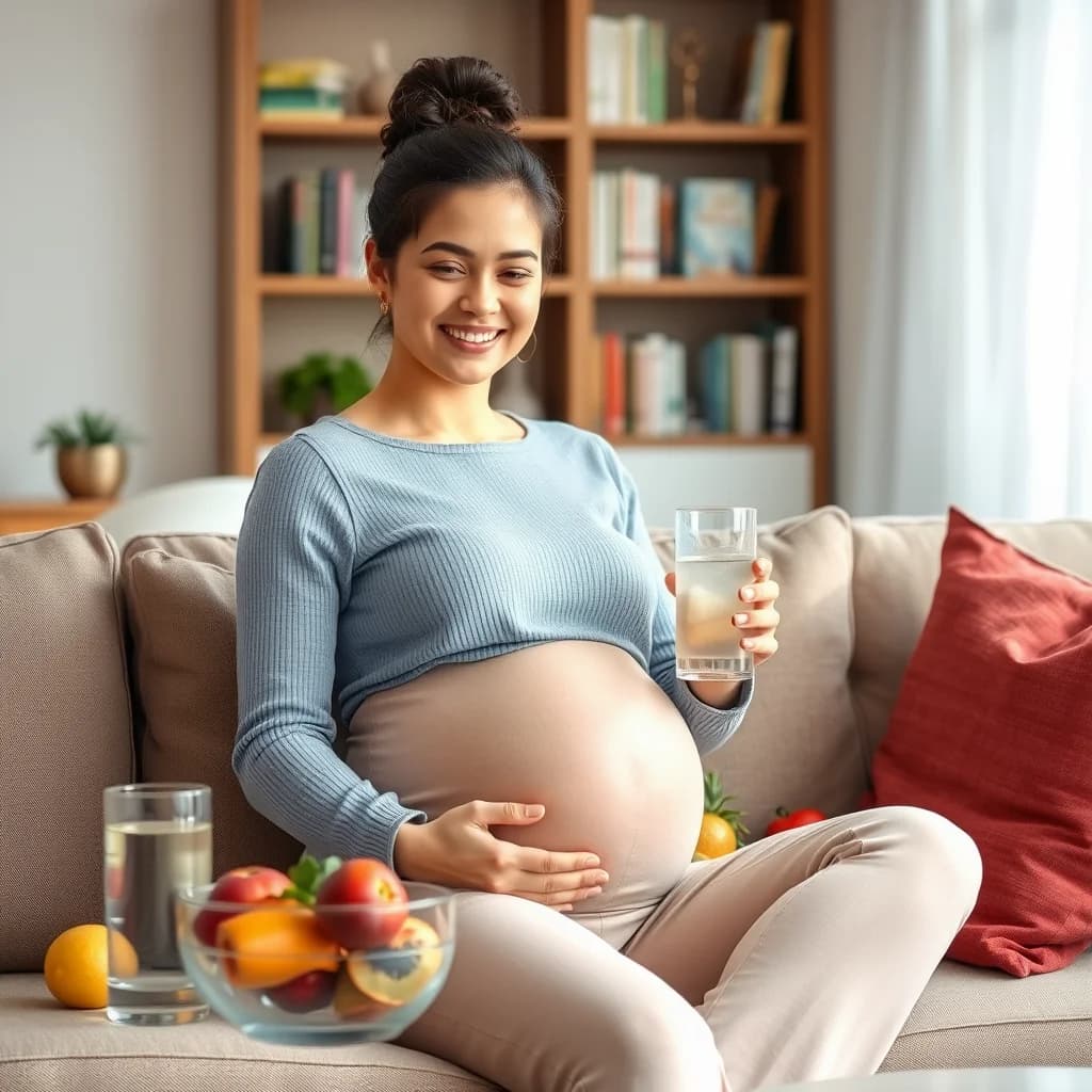 Ibu hamil yang santai minum air putih dan makan buah-buahan segar
