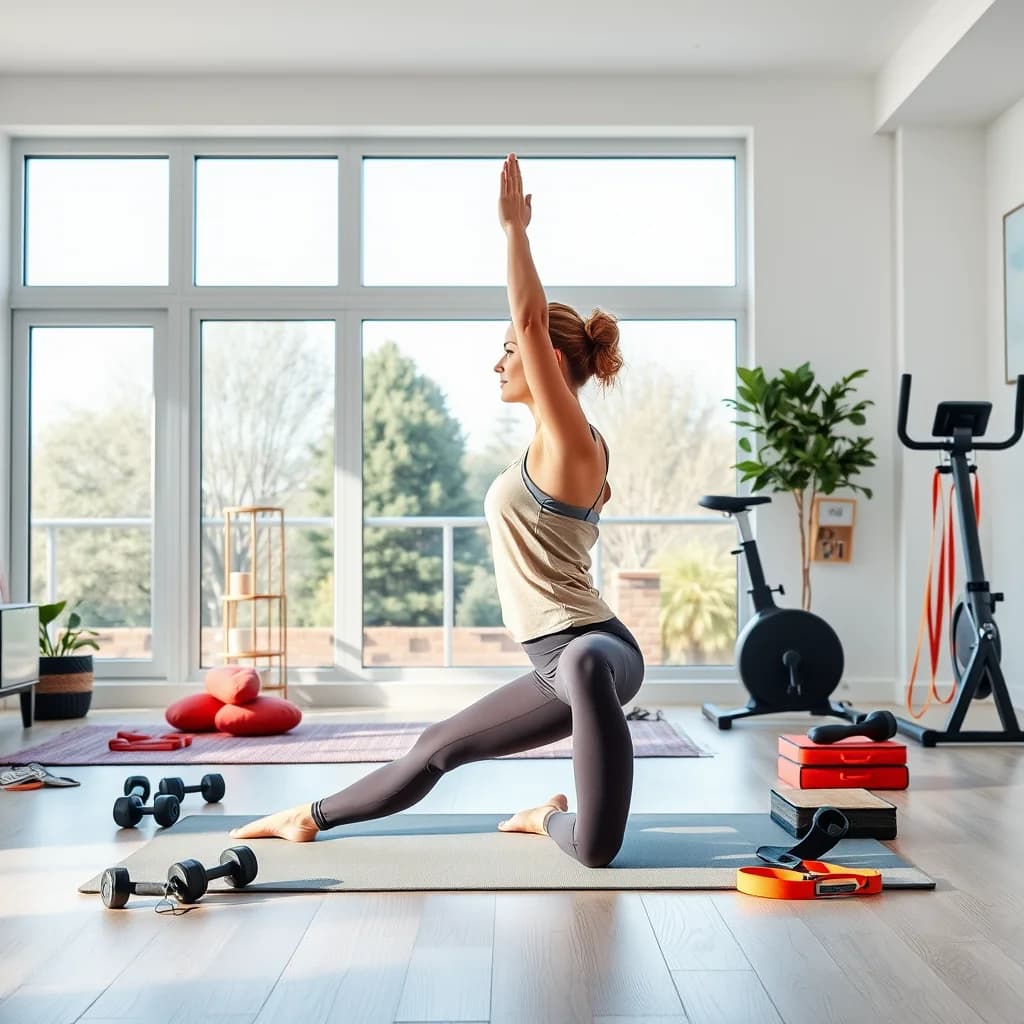 Pria melakukan yoga di rumah dengan peralatan olahraga lainnya