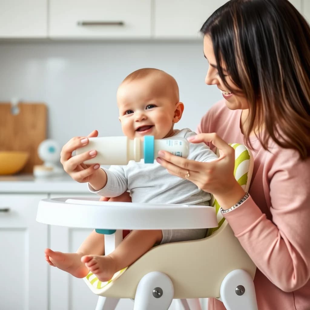 Bayi MPASI makan dengan gembira di bawah perawatan ibu yang mendampingi