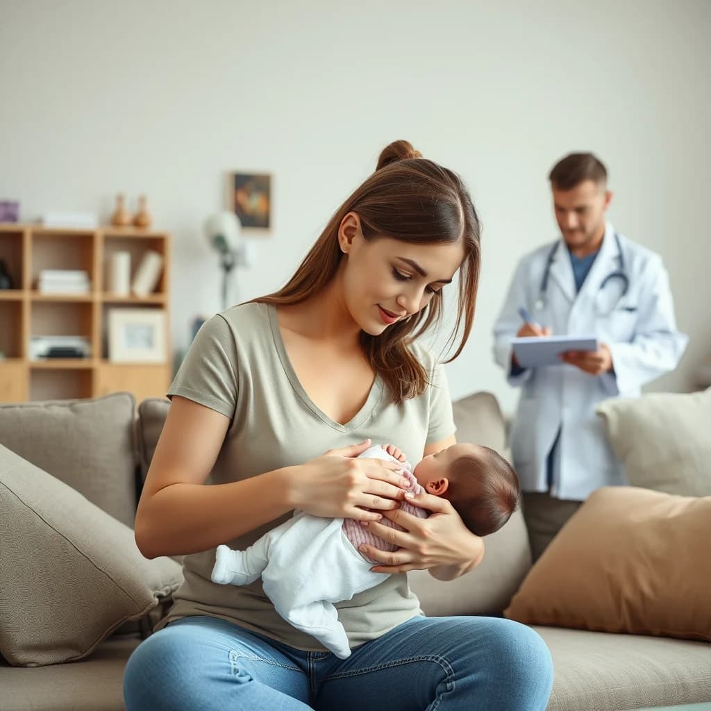 Ibu menyusui bayi sambil dokter pediatri berdiri di belakang