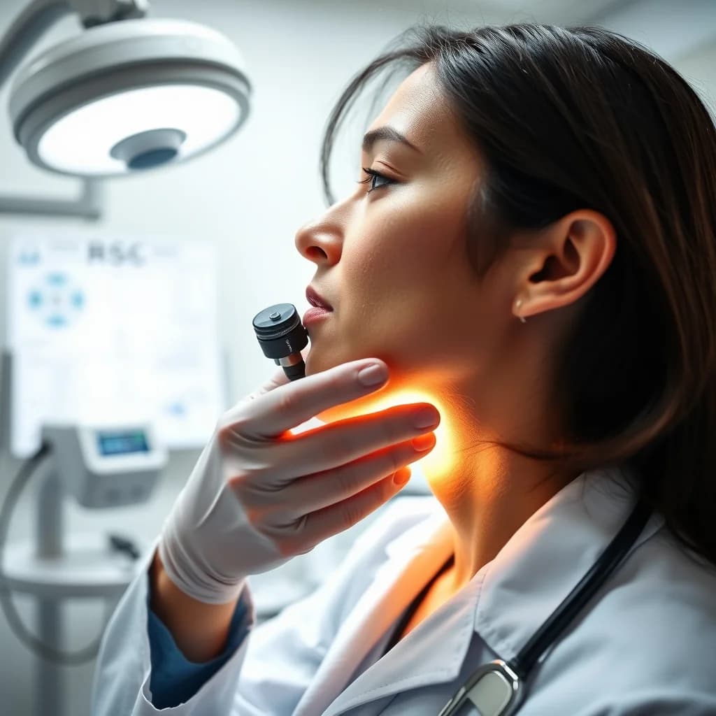 Dokter memeriksa leher pasien dengan alat bantu di ruang klinik modern dan steril