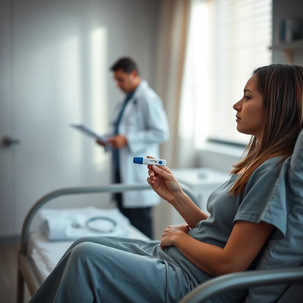 Seorang wanita muda duduk di tempat tidur rumah sakit, memegang tes kehamilan positif, dengan dokter di latar belakang