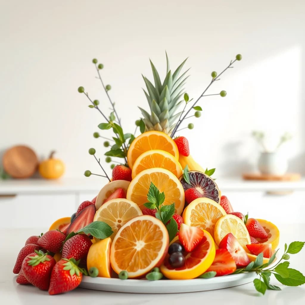 Buah-buahan segar dan berwarna-warni yang dipotong dan disajikan dengan rapi di atas piring