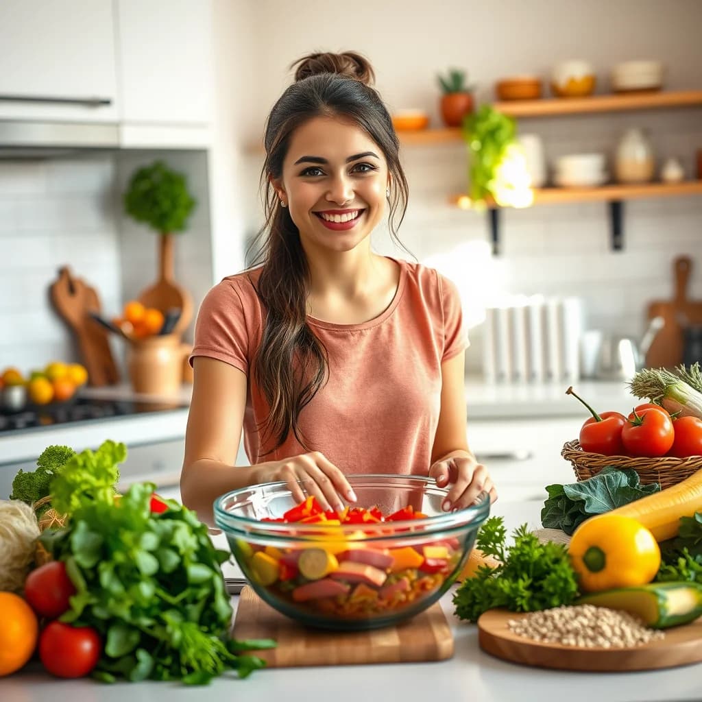 Seorang wanita memasak hidangan sehat di dapur bersih dan modern