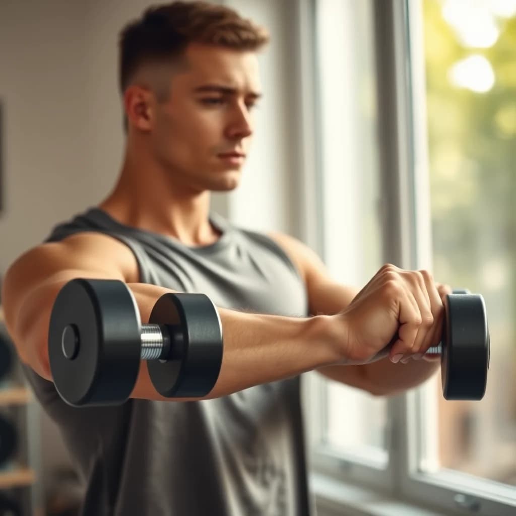Pria melatih otot lengan bawah dengan menggunakan beban untuk meningkatkan kekuatan genggaman