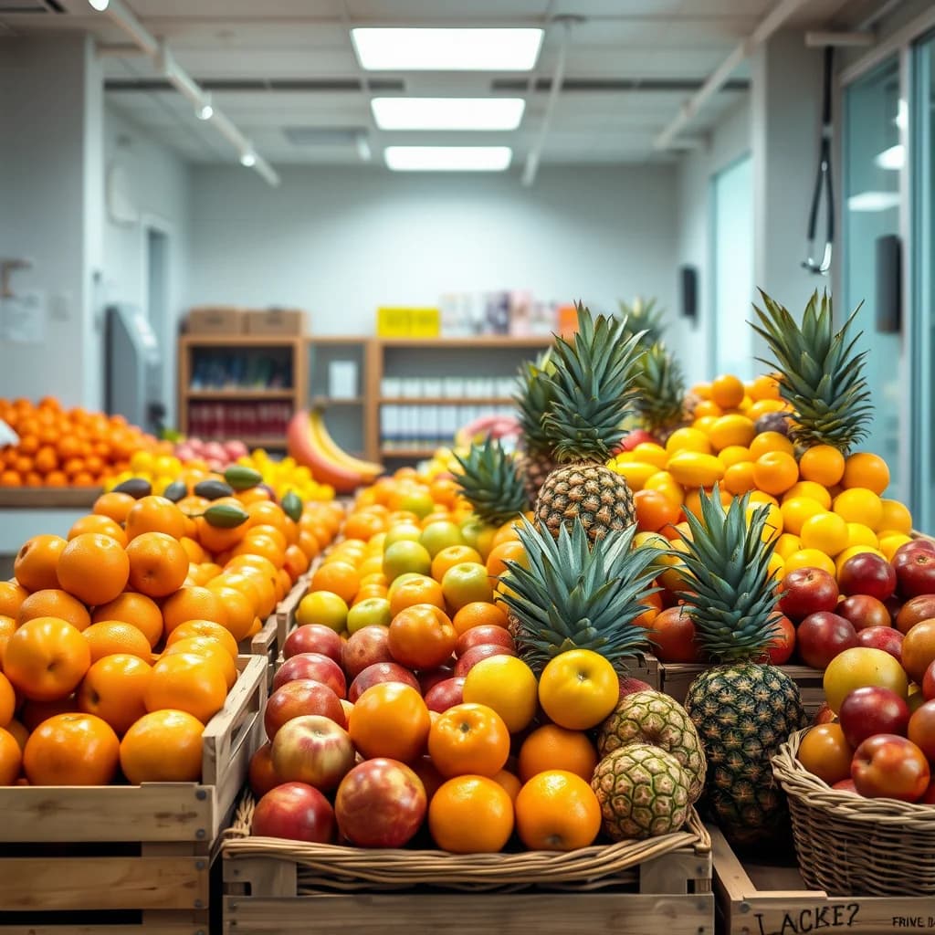 Pasaran buah segar dengan berbagai macam buah segar dan matang