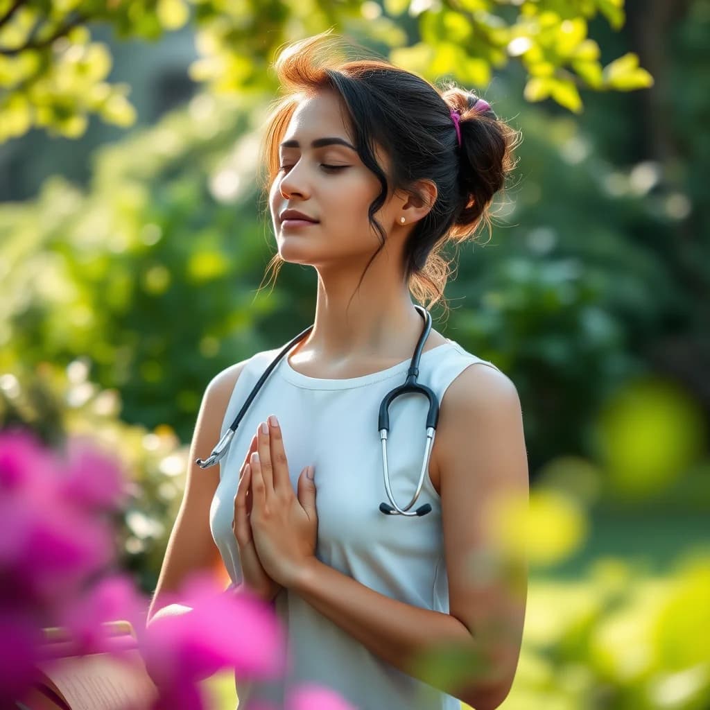 Perempuan tenang melakukan latihan pernapasan dalam alam yang damai