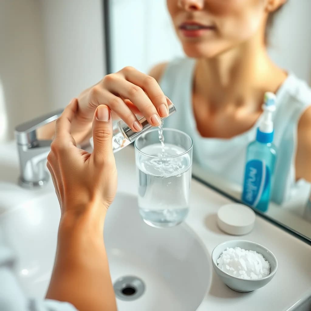 Seseorang membersihkan lidah mereka dengan air garam di wastafel
