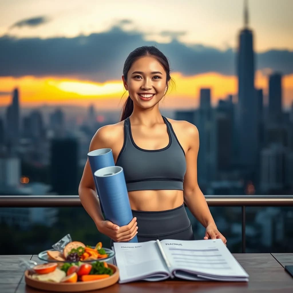 Wanita muda menjaga motivasi diet dengan olahraga dan pola makan sehat