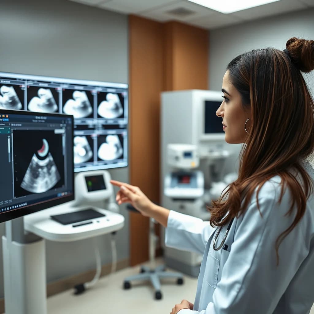 Dokter ginekolog memeriksa bayi kembar dalam rahim pasien melalui USG