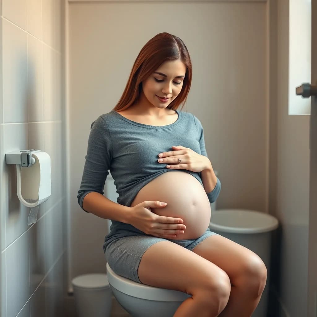 Ibu hamil duduk santai di toilet, memperhatikan kesehatan diri