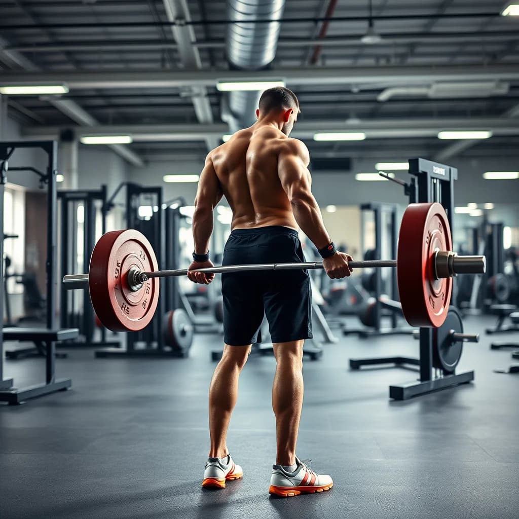 Seseorang melakukan latihan deadlift dengan teknik yang benar di gym modern