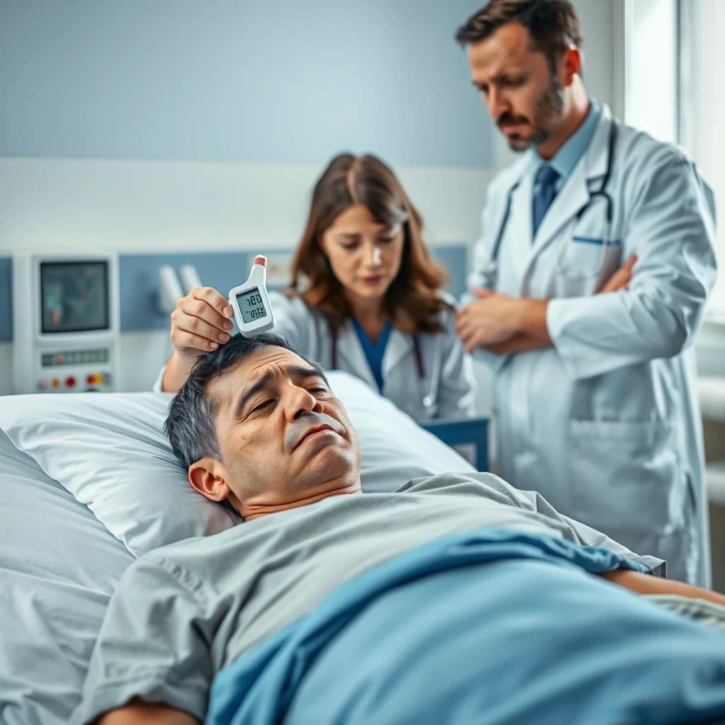 Dokter dan perawat memeriksa pasien dewasa yang mengalami demam tinggi 40°C