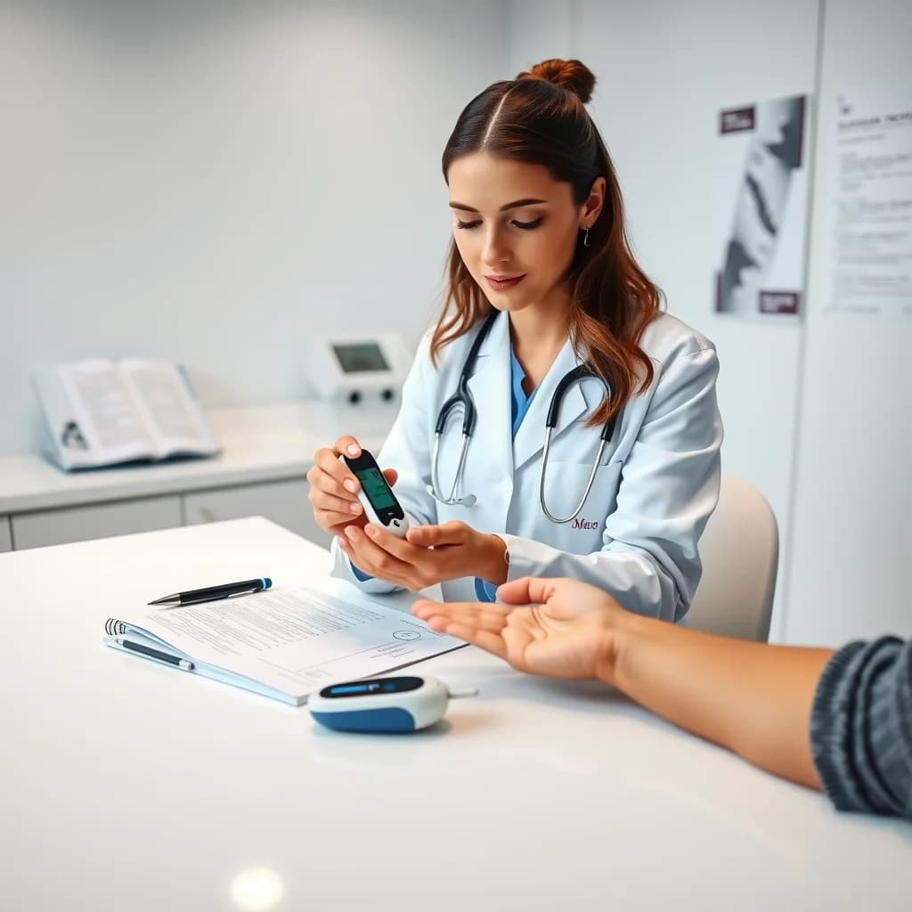 Dokter memeriksa tangan pasien untuk mendeteksi kadar gula darah