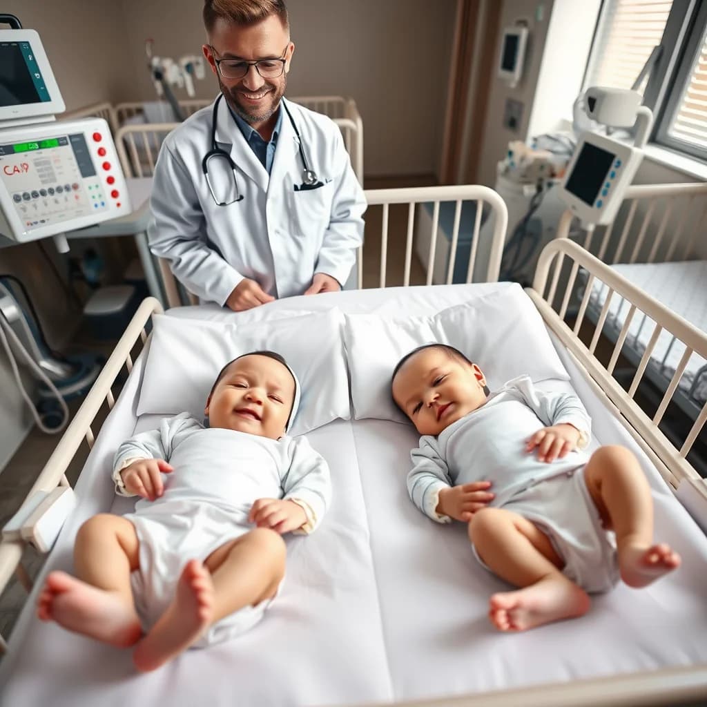 Dua bayi kembar identik berada di dalam kereta tidur dan diawasi oleh dokter anak profesional