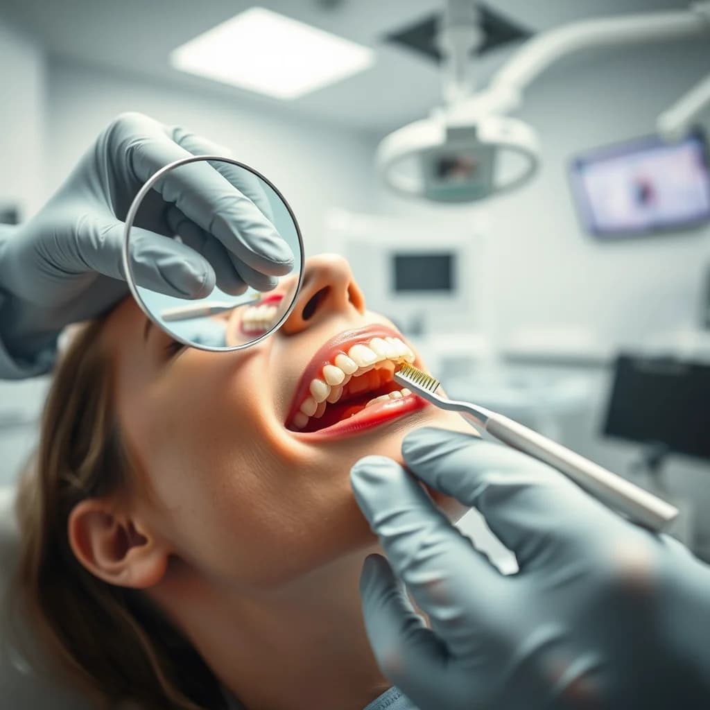 Dokter gigi memeriksa gigi palsu pasien untuk menjaga kesehatan mulut
