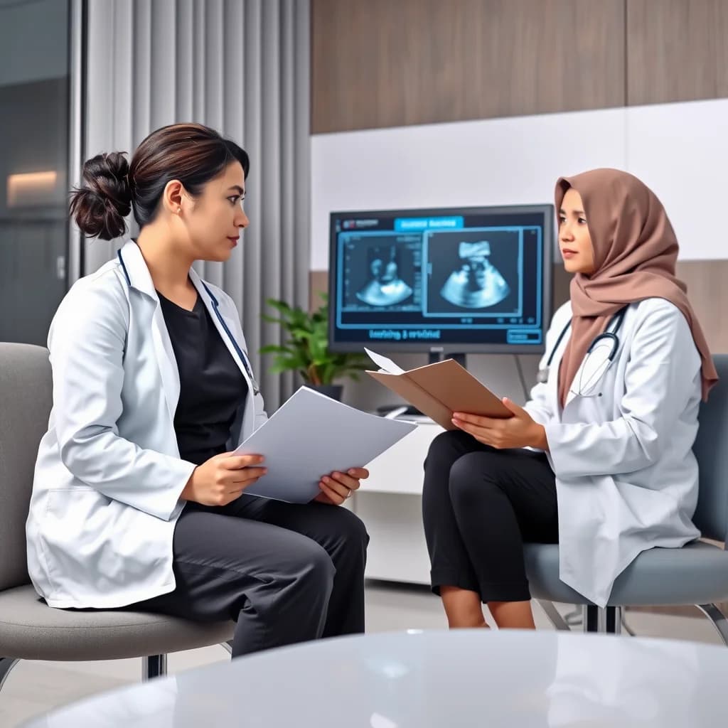 Dokter menjelaskan prosedur kepada ibu pengganti di ruang konsultasi