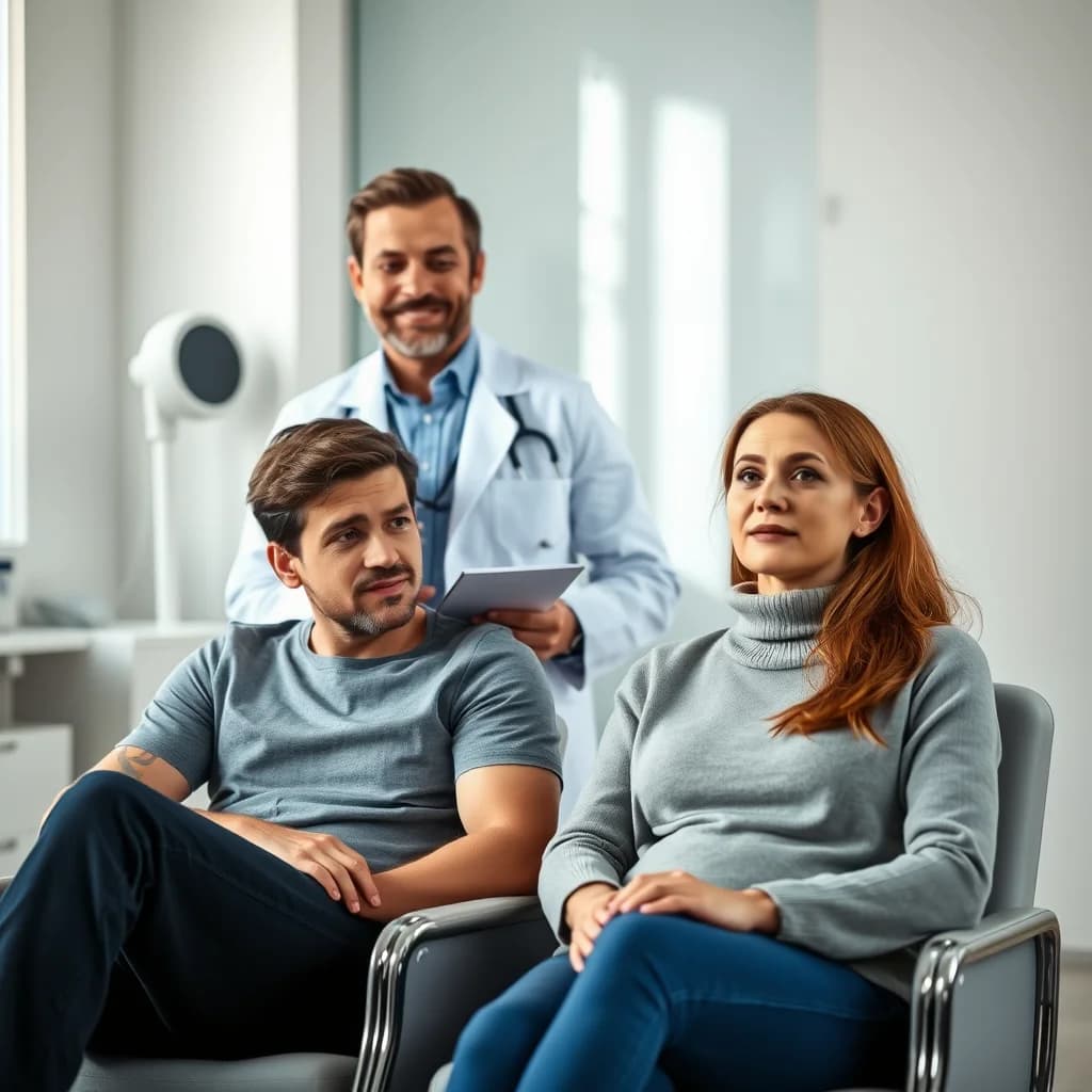 Pasangan muda berkonsultasi dengan dokter spesialis kesuburan tentang masalah infertilitas