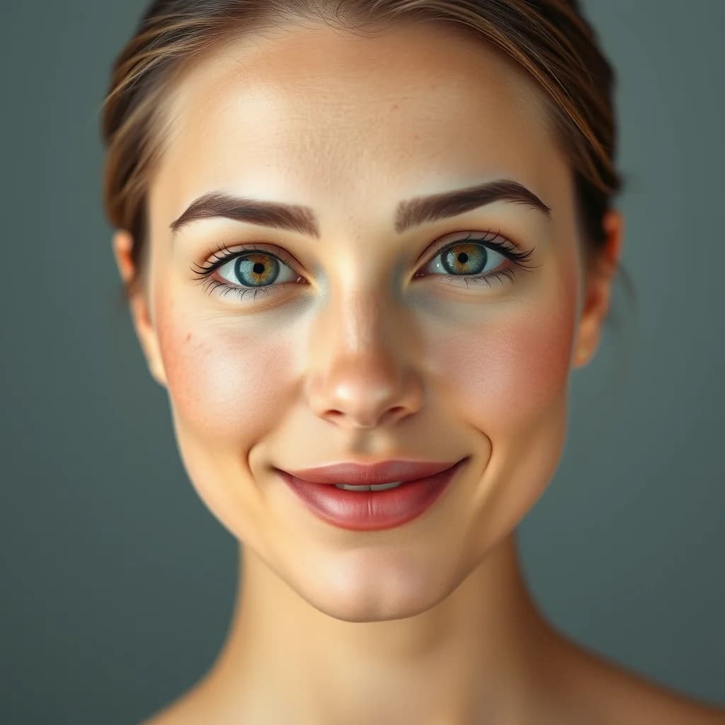 Perempuan muda dengan kulit cerah dan bercahaya menghadap kamera, menampilkan penurunan flek hitam dan hiperpigmentasi pada wajahnya