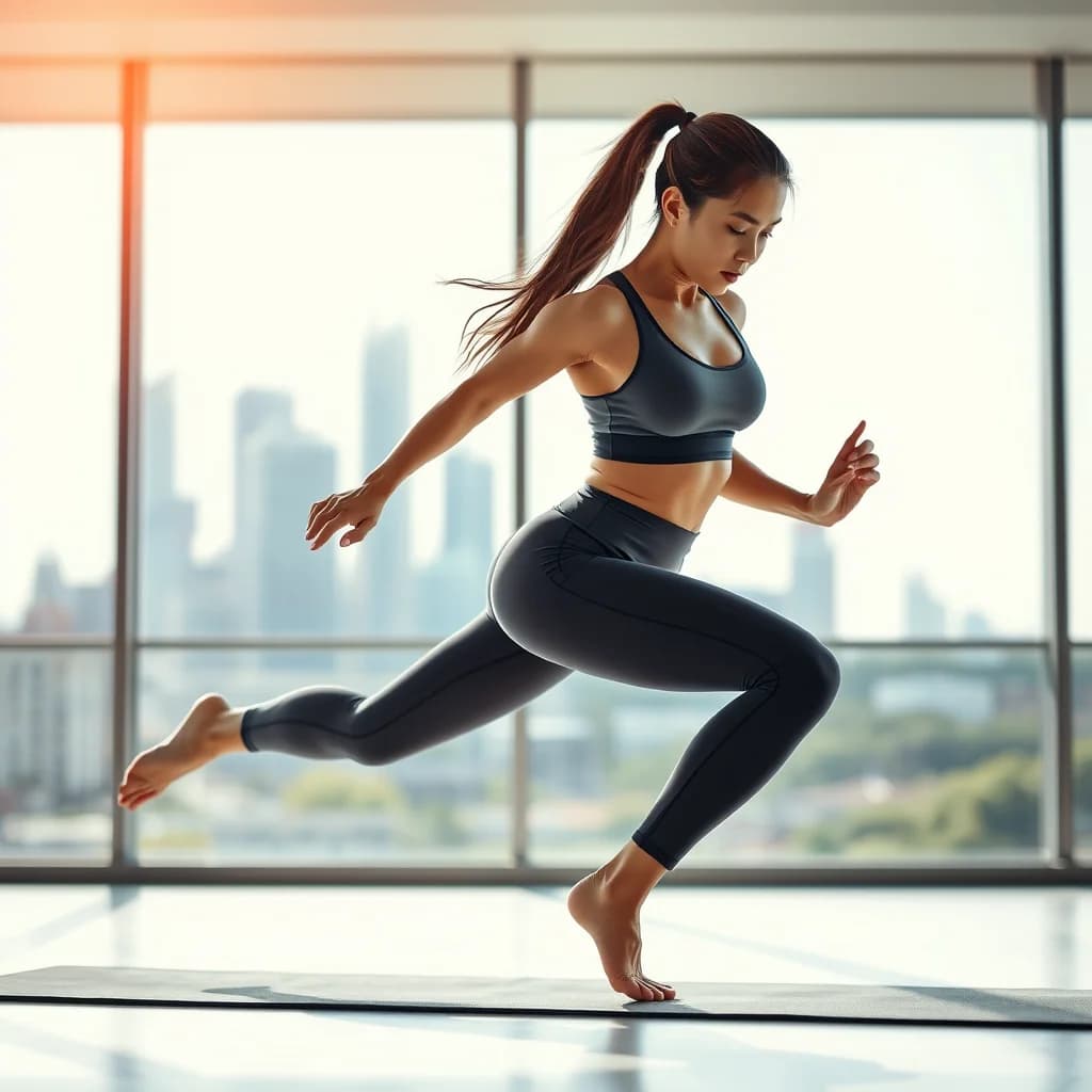 Perempuan muda melakukan kuda-kuda lompat untuk olahraga senam di lantai