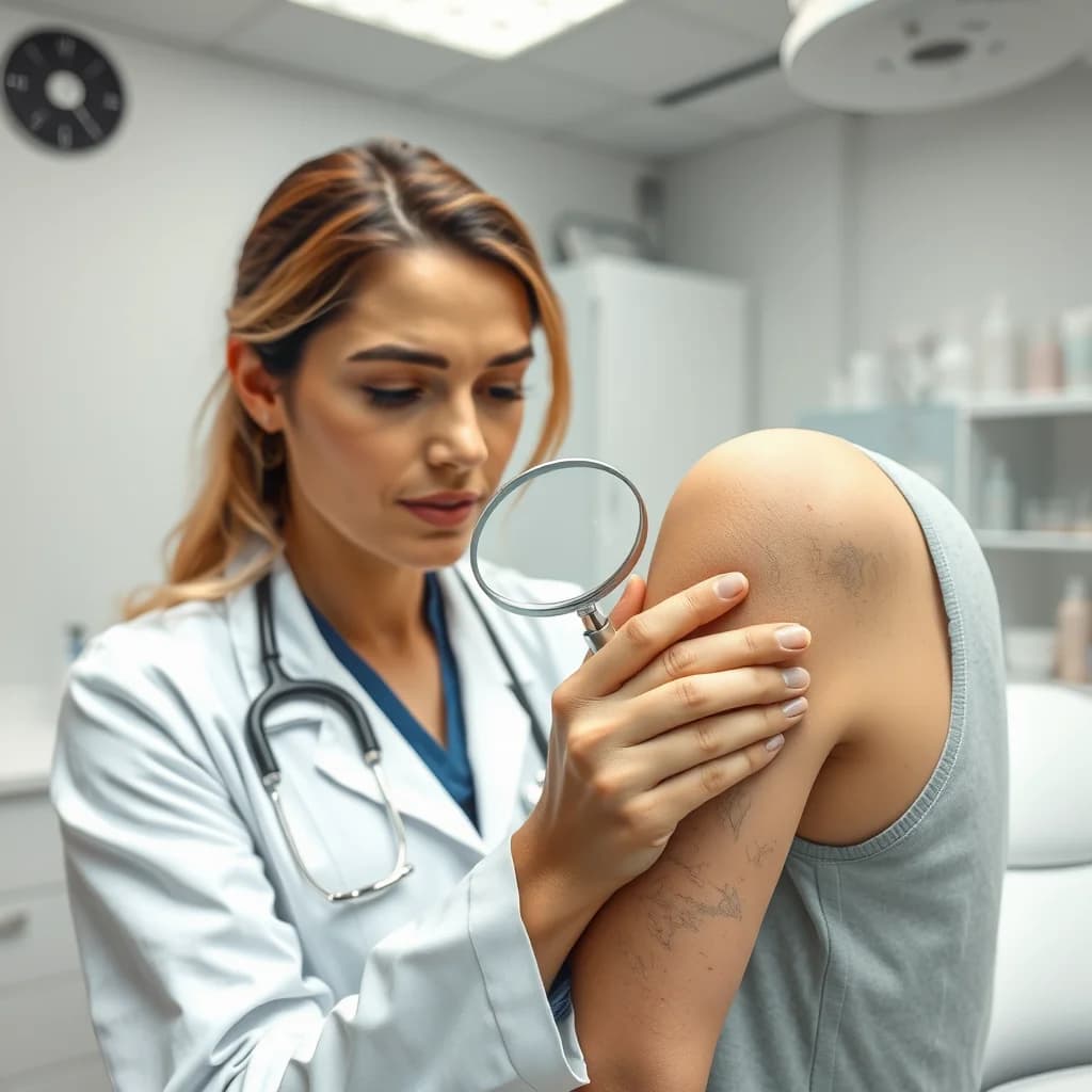 Dokter kulit memeriksa kulit pasien yang kering, bersisik dan keriput