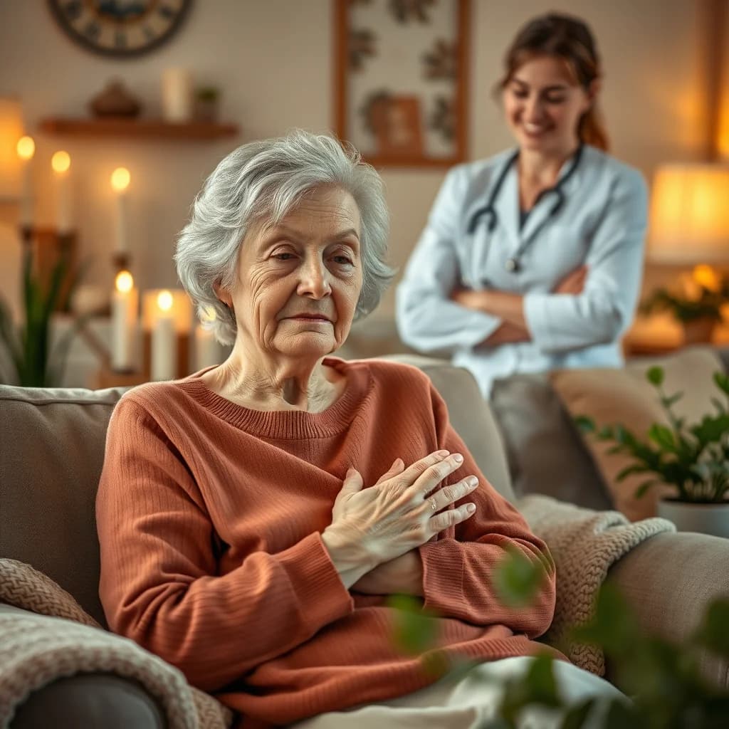 Seorang wanita lansia dengan kulit kering dan gatal didampingi oleh seorang perawat