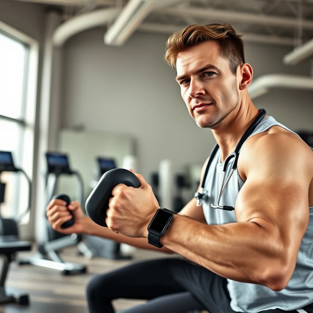 Seorang dokter muda melakukan latihan angkat beban untuk membantu pria menurunkan berat badan