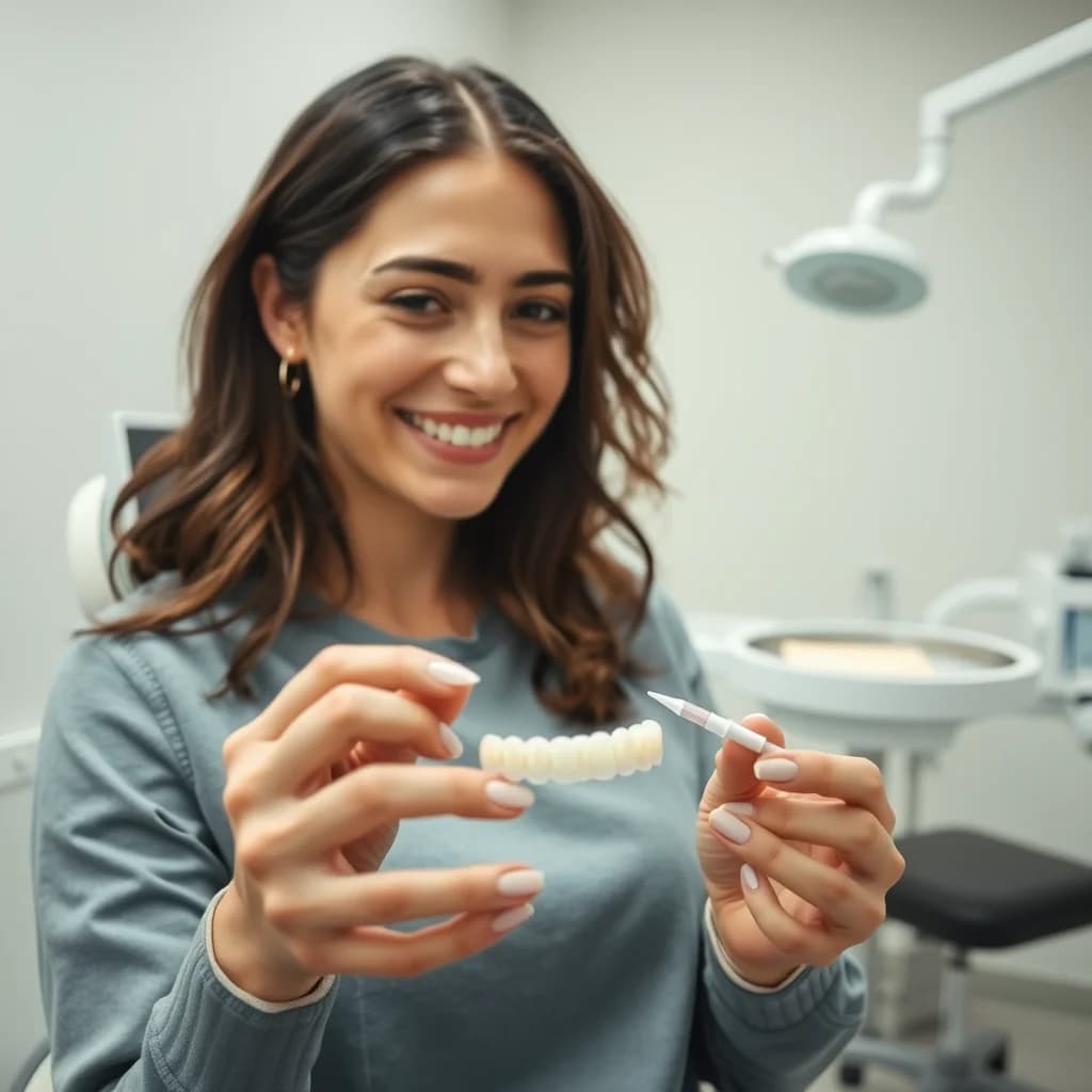 Wanita memegang jembatan gigi dengan lem gigi palsu untuk kestabilan maksimal