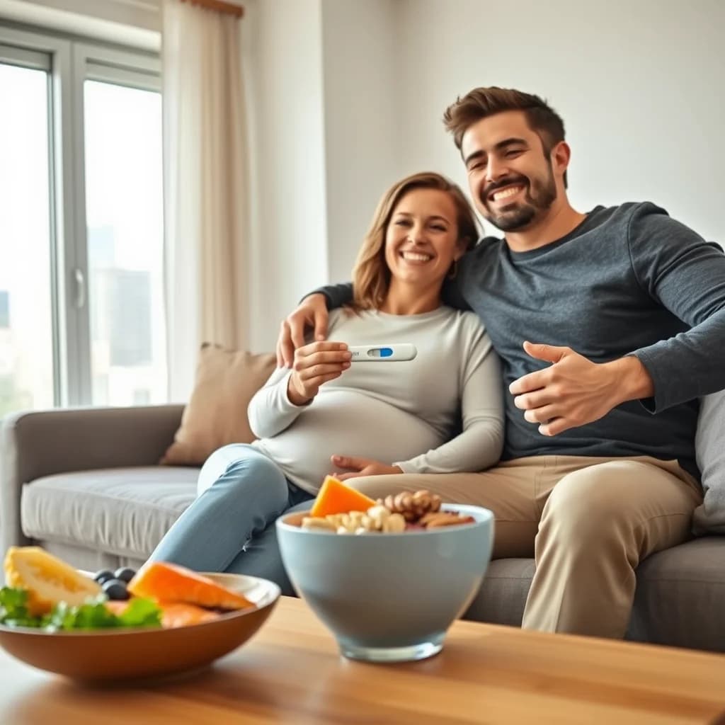 Pasangan bahagia memastikan kehamilan dengan tes darah dan hidup sehat