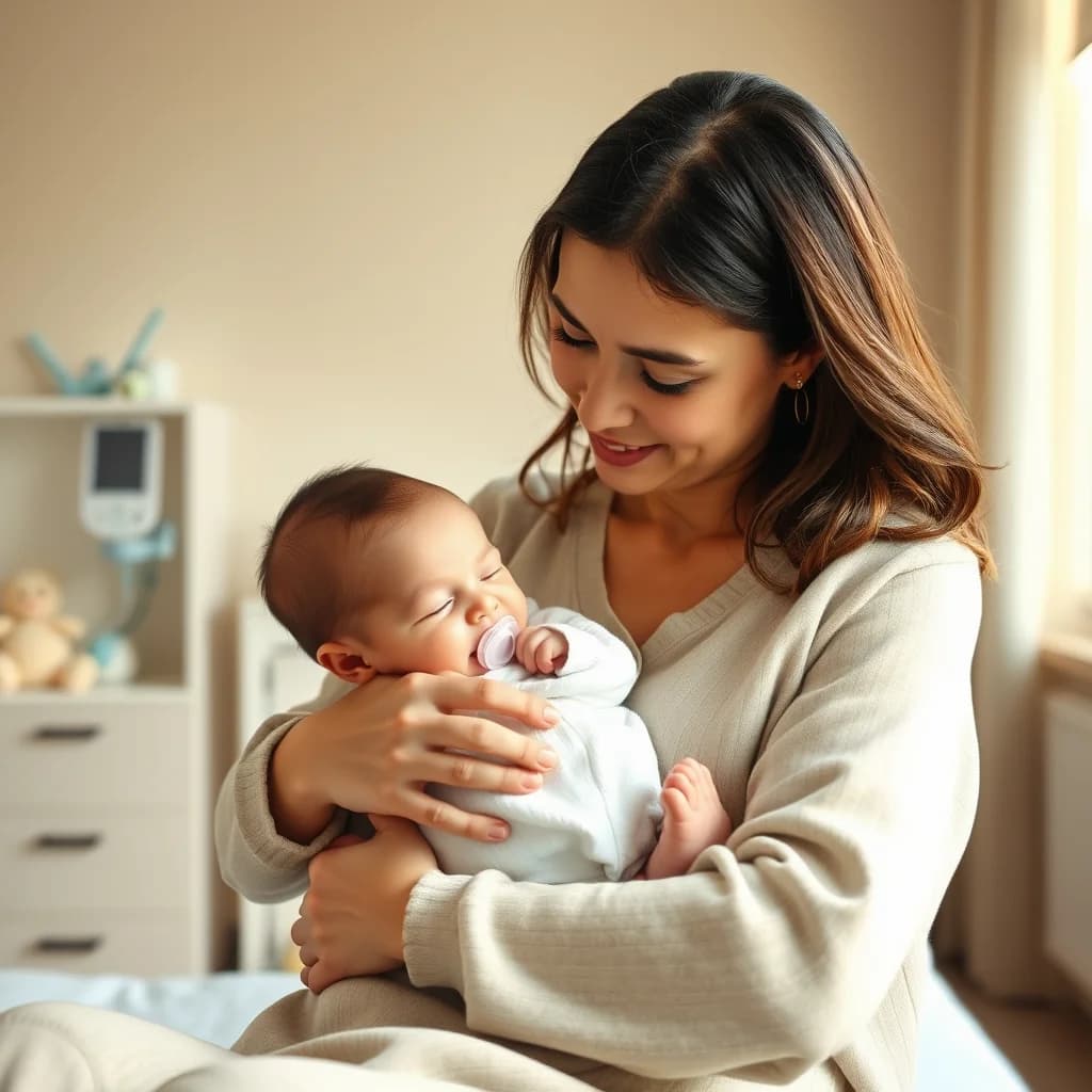 Ibu merawat bayi dengan lembut untuk menenangkan si kecil dan menghilangkan tangisannya