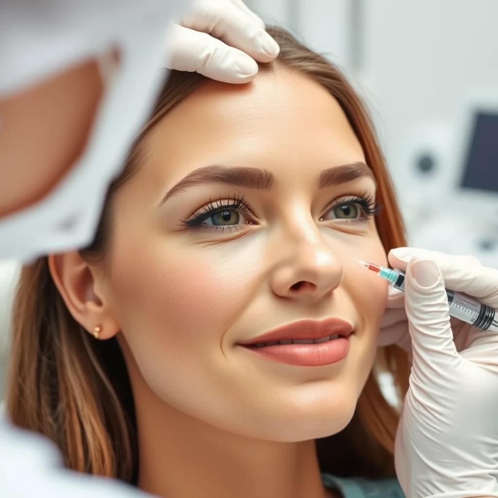 Dokter estetis melakukan suntik kolagen pada wajah pasien