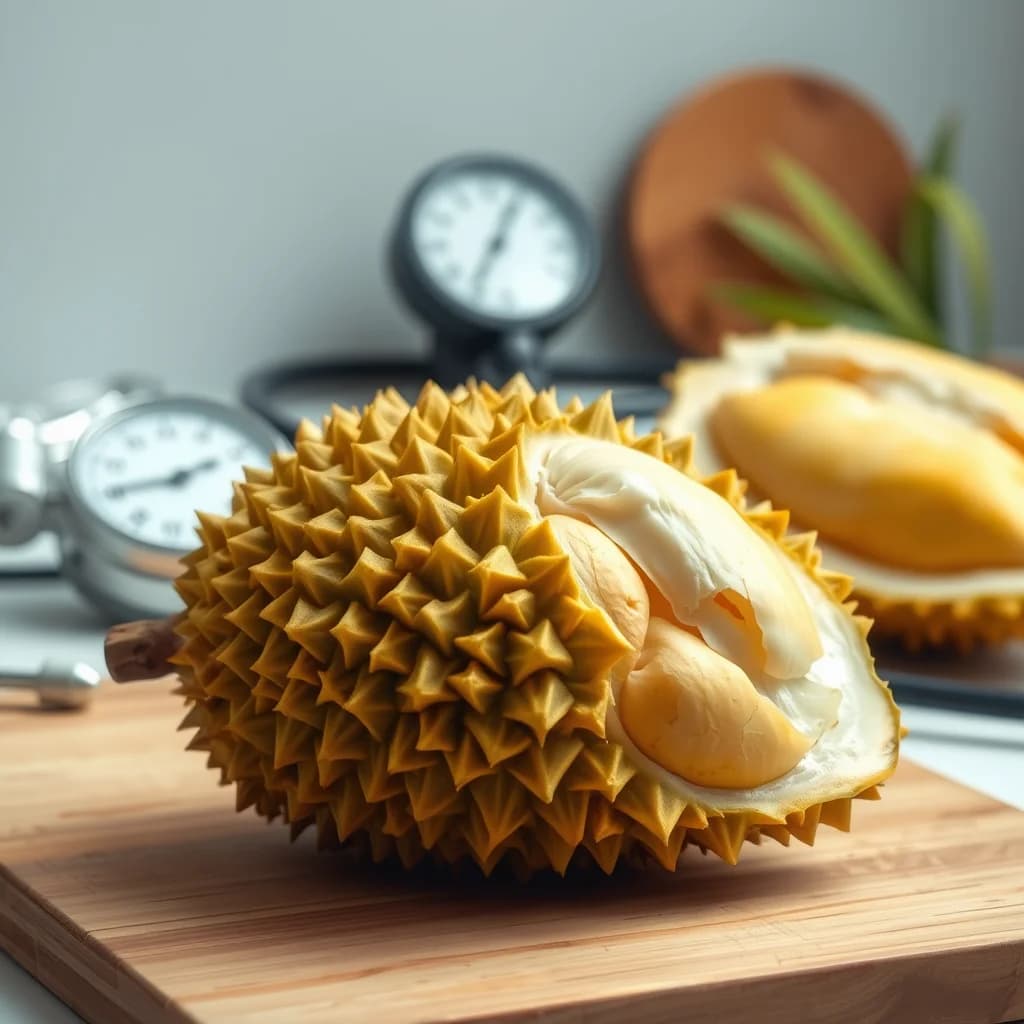 Buah durian matang di atas papan kayu yang dipotong, dengan latar belakang berisi alat kesehatan dan dedaunan pandan