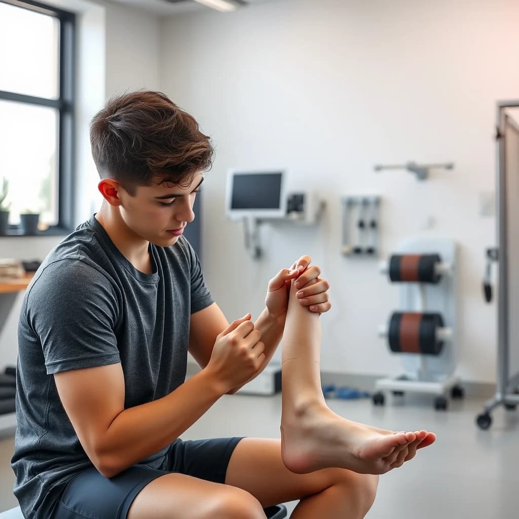 Atlit menerapkan plester kinesio pada lutut cedera untuk pemulihan cedera olahraga