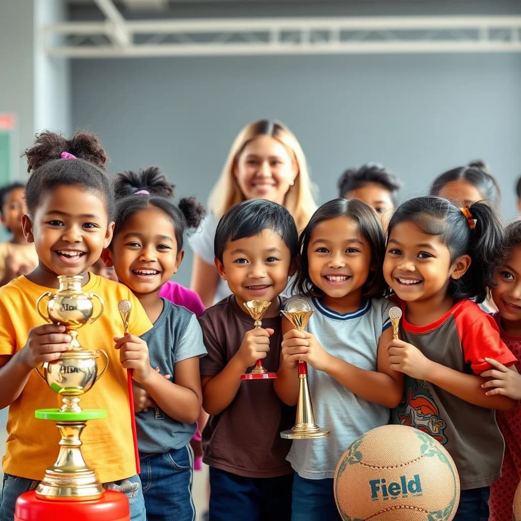 Anak-anak berlomba dan bersaing sambil dibimbing oleh seorang pelatih wanita yang mendukung