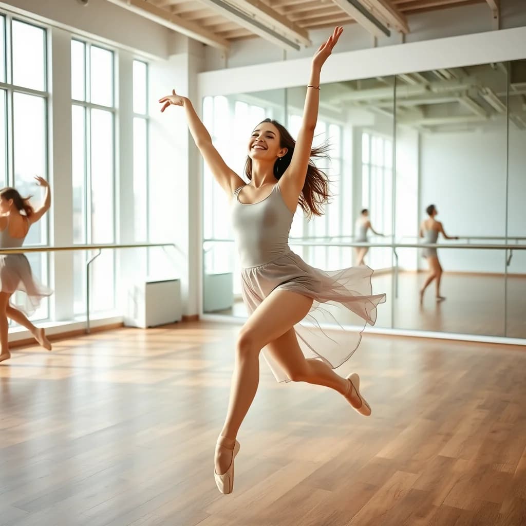 Pemuda wanita menikmati gerakan menari ballet dengan ekspresi tenang