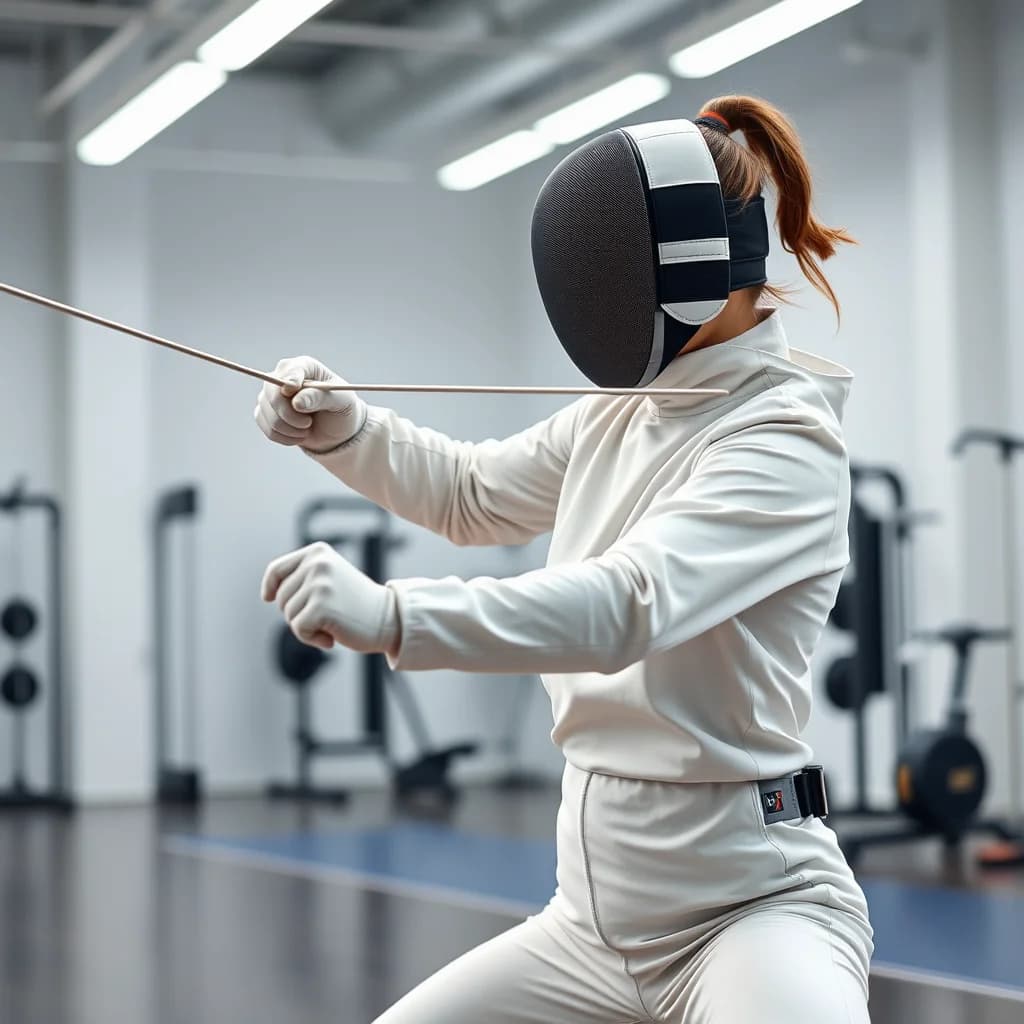 Seorang wanita berolahraga anggar di pusat latihan modern