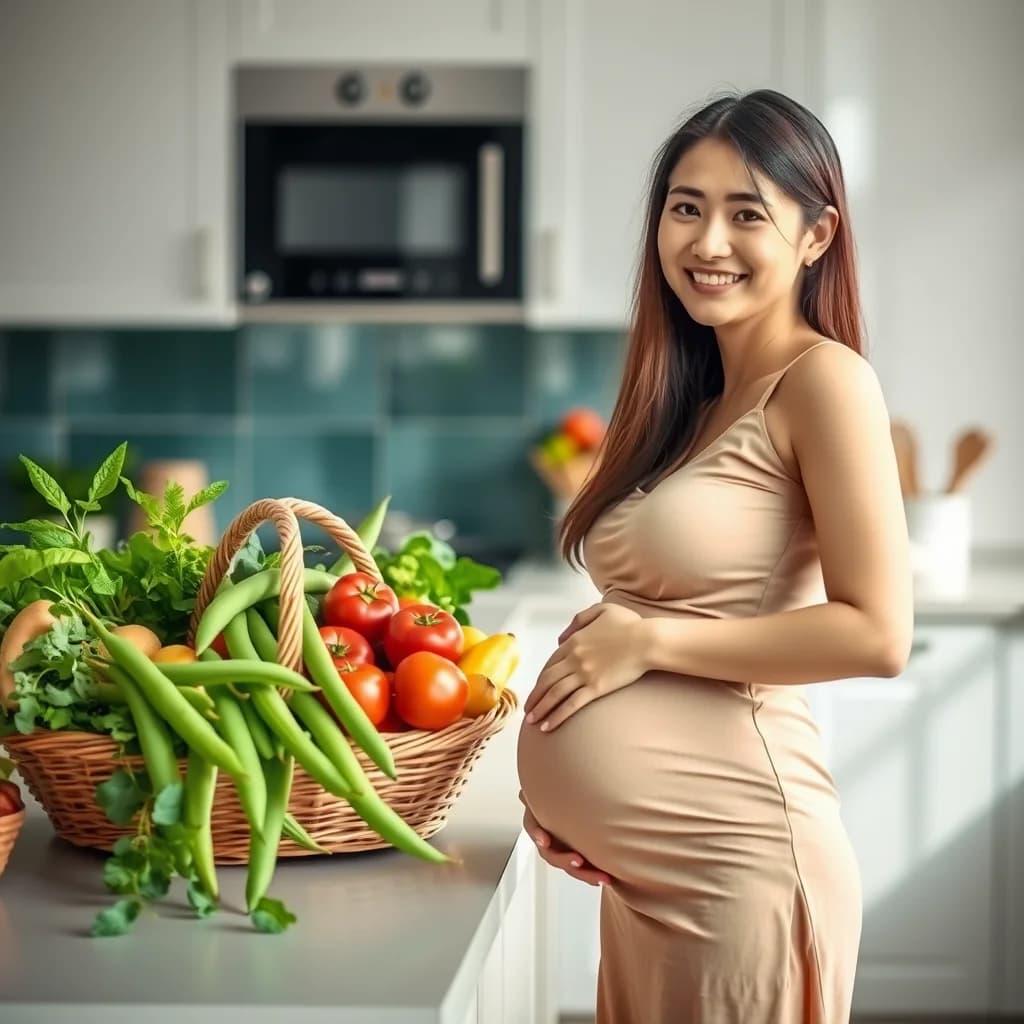 Ibu hamil dengan wajah bahagia di depan dapur modern dengan sayuran segar