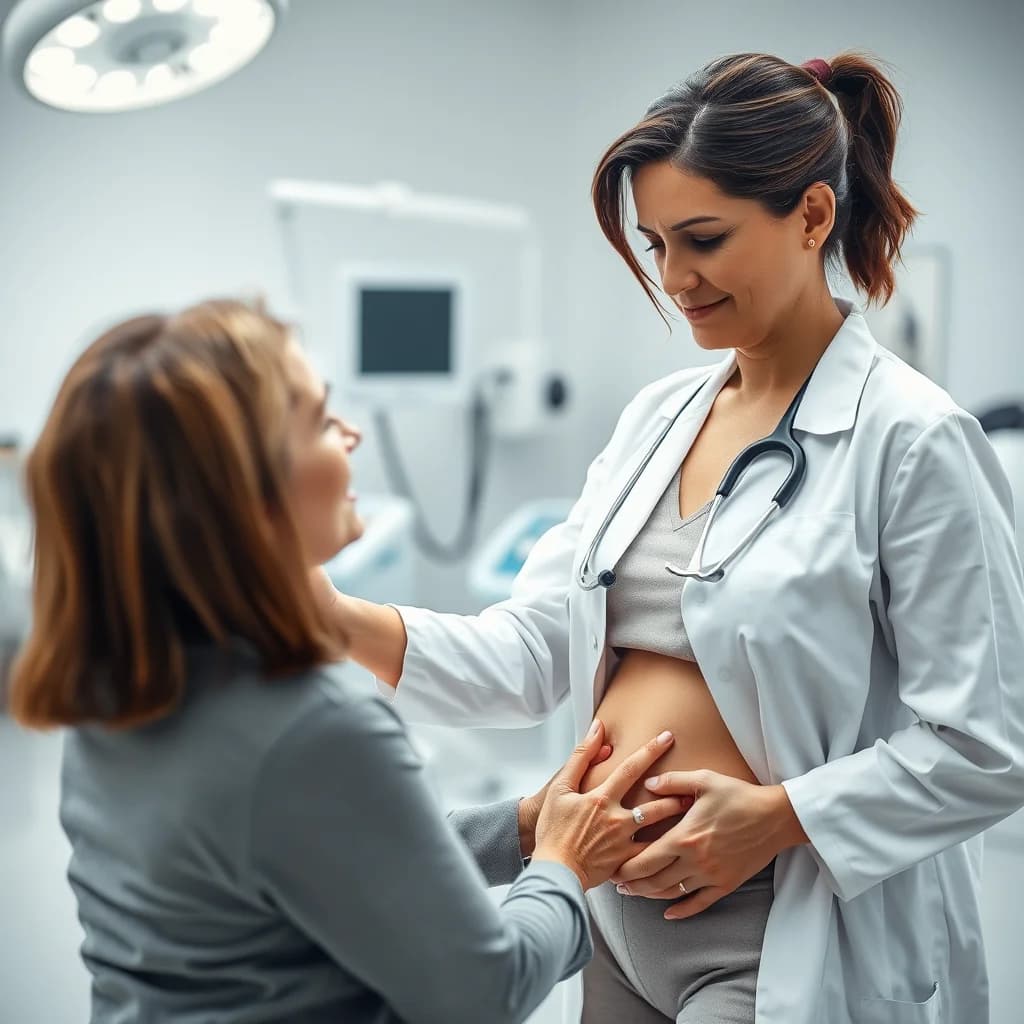 Dokter spesialis kandungan memeriksa area pelvis pasien wanita