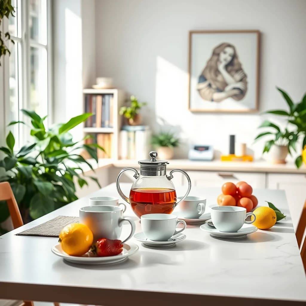 Teh hitam di meja dapur modern dengan buah-buahan segar dan tanaman hijau