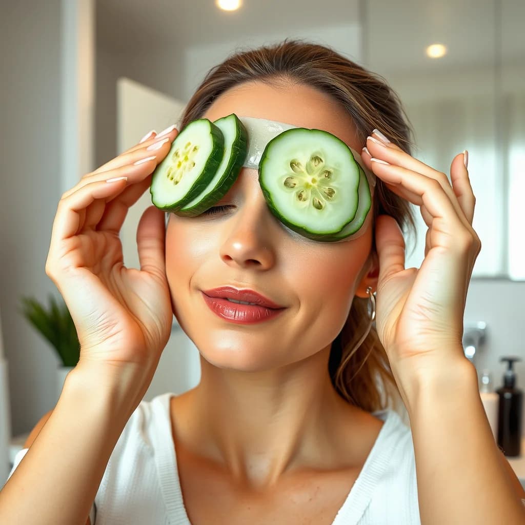 Wanita menerapkan masker mata alami dari irisan wortel, gel lidah buaya, dan daun teh hijau untuk menghilangkan mata panda
